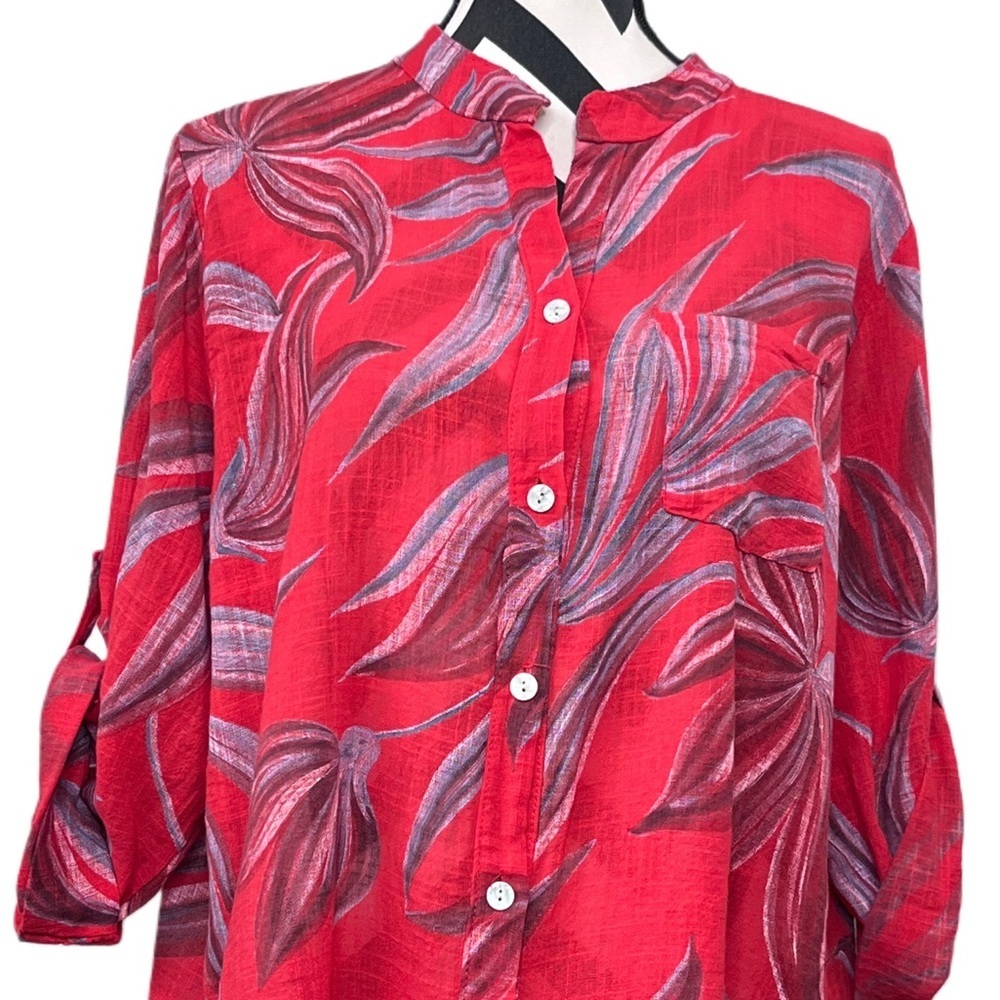 Made in Italy Leaf Floral Sz L 100% Cotton Button Front Tunic Blouse - Picture 3 of 11
